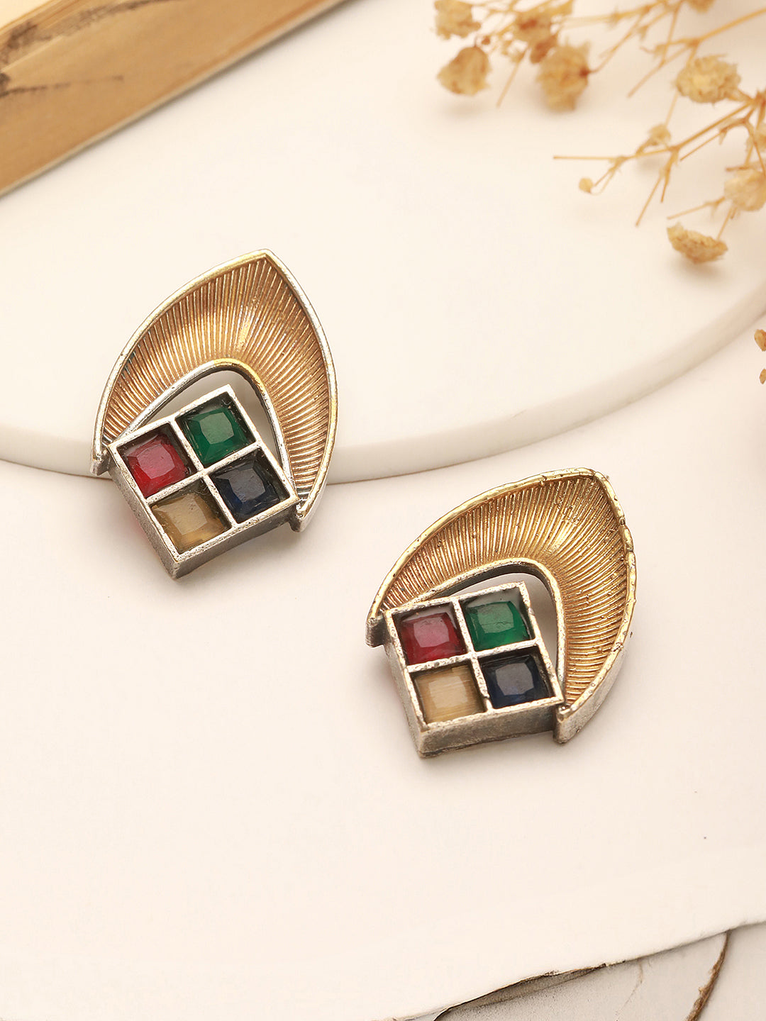 Oxidised Matt Gold Plated Multicolored Stone Studded Contemporary Minimal Studds Earrings